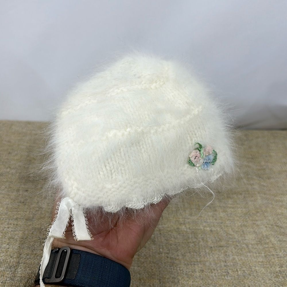 Antique Angora Wool Newborn / Baptism Hat